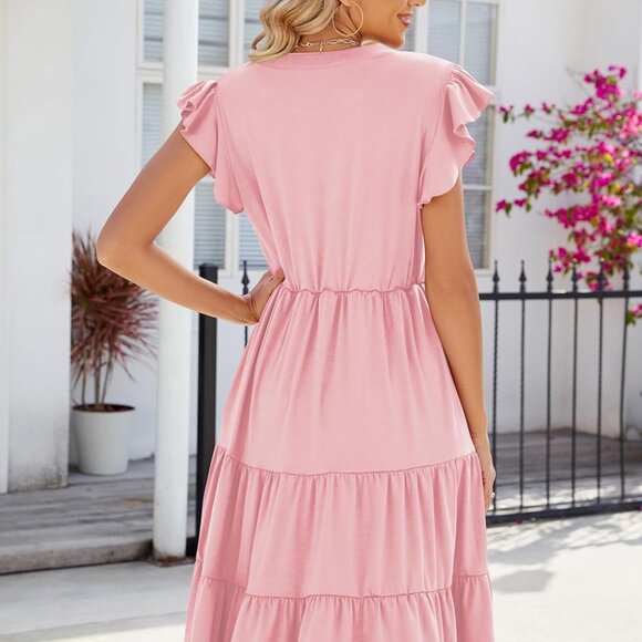 Mommy and Me Summer Ruffle Sleeve V-Neck Tiered Midi Dresses Casual Boho - Picture 4 of 7